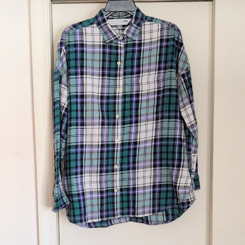 Old Navy Casual Plaid Button Down Shirt - Teal, Black, Blue, and White